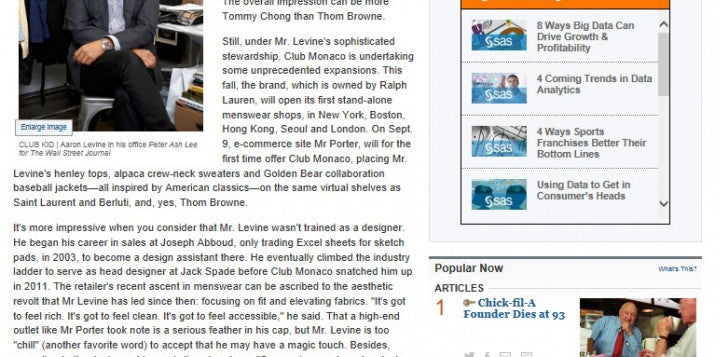 CLUB MONACO BY GOLDEN BEAR IN THE WALL STREET JOURNAL