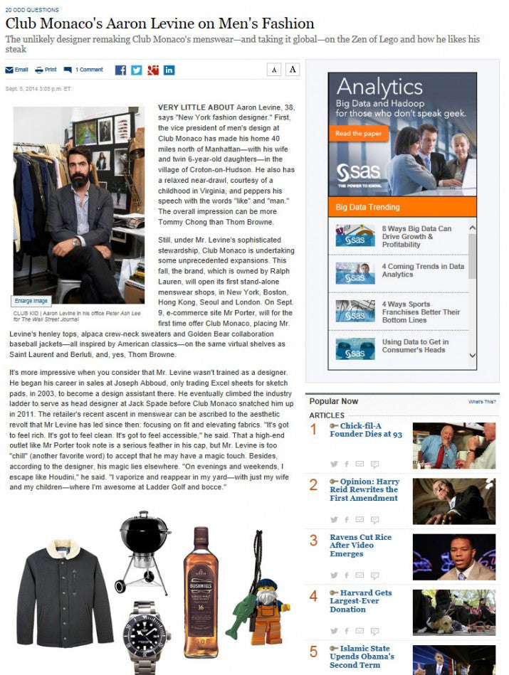 CLUB MONACO BY GOLDEN BEAR IN THE WALL STREET JOURNAL