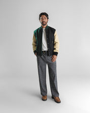 THE ALBANY SPLIT - Color Block Forest Green and Black Melton Wool/Stone Leather Classic Fit