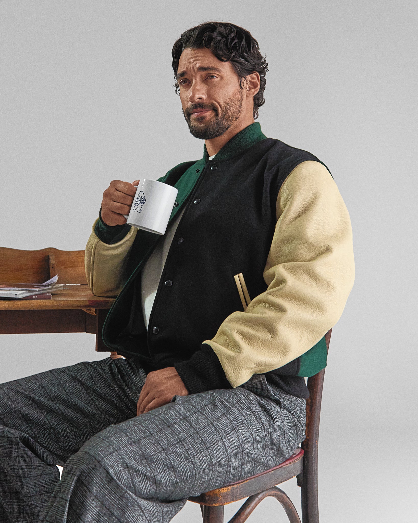 THE ALBANY SPLIT - Color Block Forest Green and Black Melton Wool/Stone Leather Classic Fit