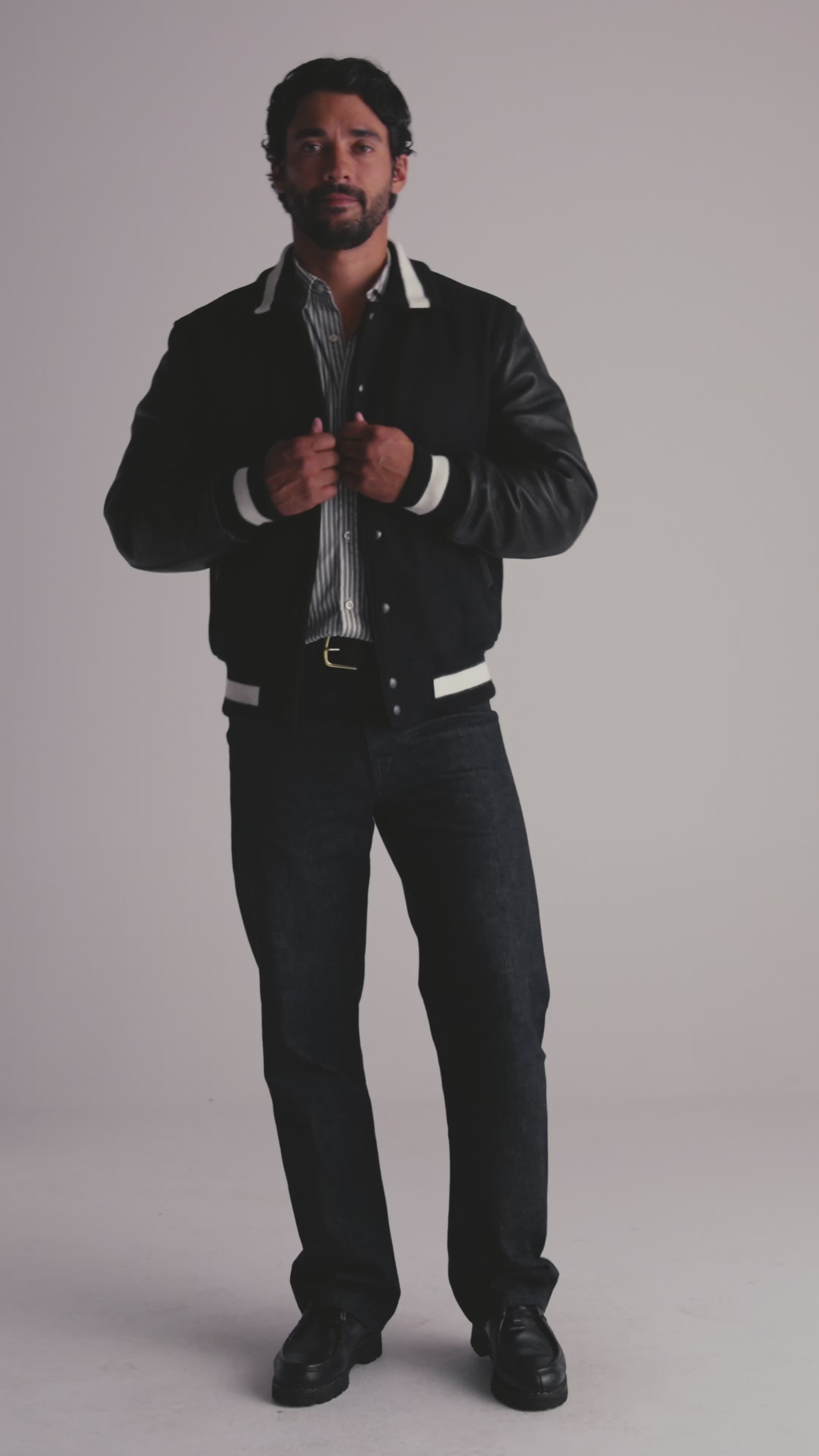 THE BYRON - Black/Black Contrast Stripe Knit Collar Varsity Jacket Classic Fit