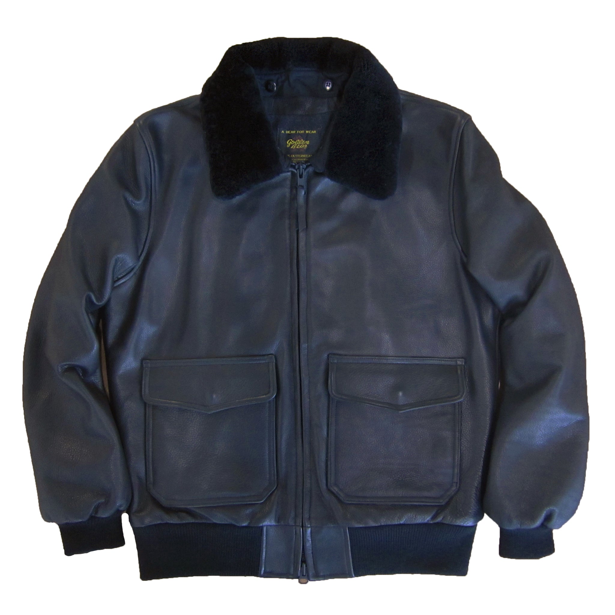 The Carter - Black Naked Leather Bomber Jacket with Detachable Fur Collar - Golden Bear Sportswear 